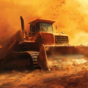 a bulldozer with a load of sand, in the style of dark orange and light azure, auto body works, 32k uhd, installation creator, uhd image, depictions of labor, heavy shading --ar 128:85 --v 6 Job ID: 661fa5d3-563f-4e82-a46a-61539f83210d